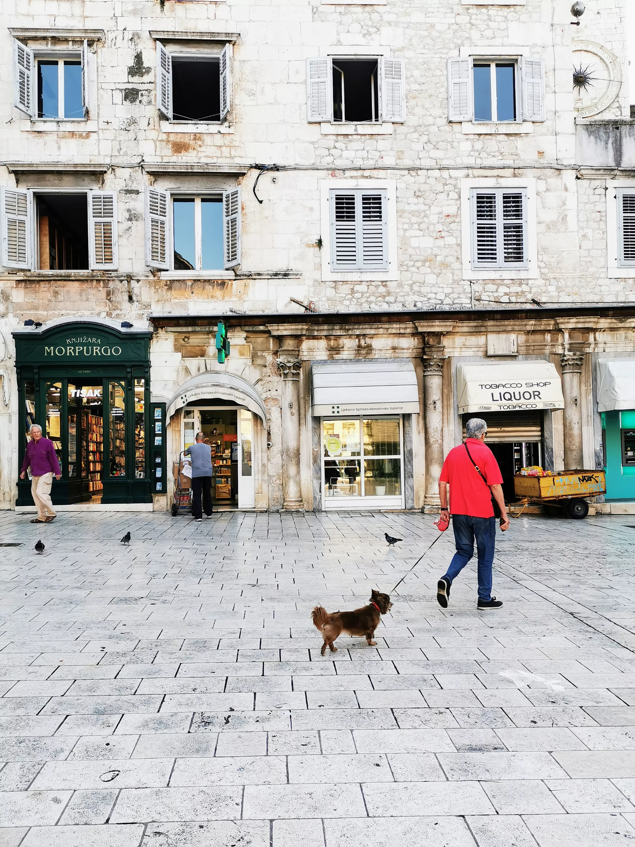 Mann mit Hund an der Leine beim Überqueren eines öffentlichen Platzes